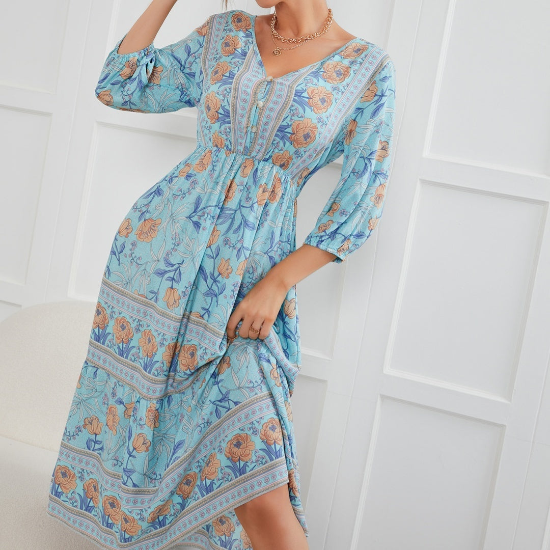 Floral Bohemian Maxi Dress V-Neck Three Quarter Sleeve