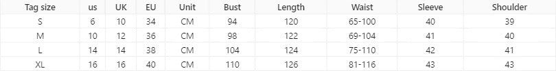 Table displaying clothing size chart with measurements for bust, length, waist, sleeve, and shoulder.