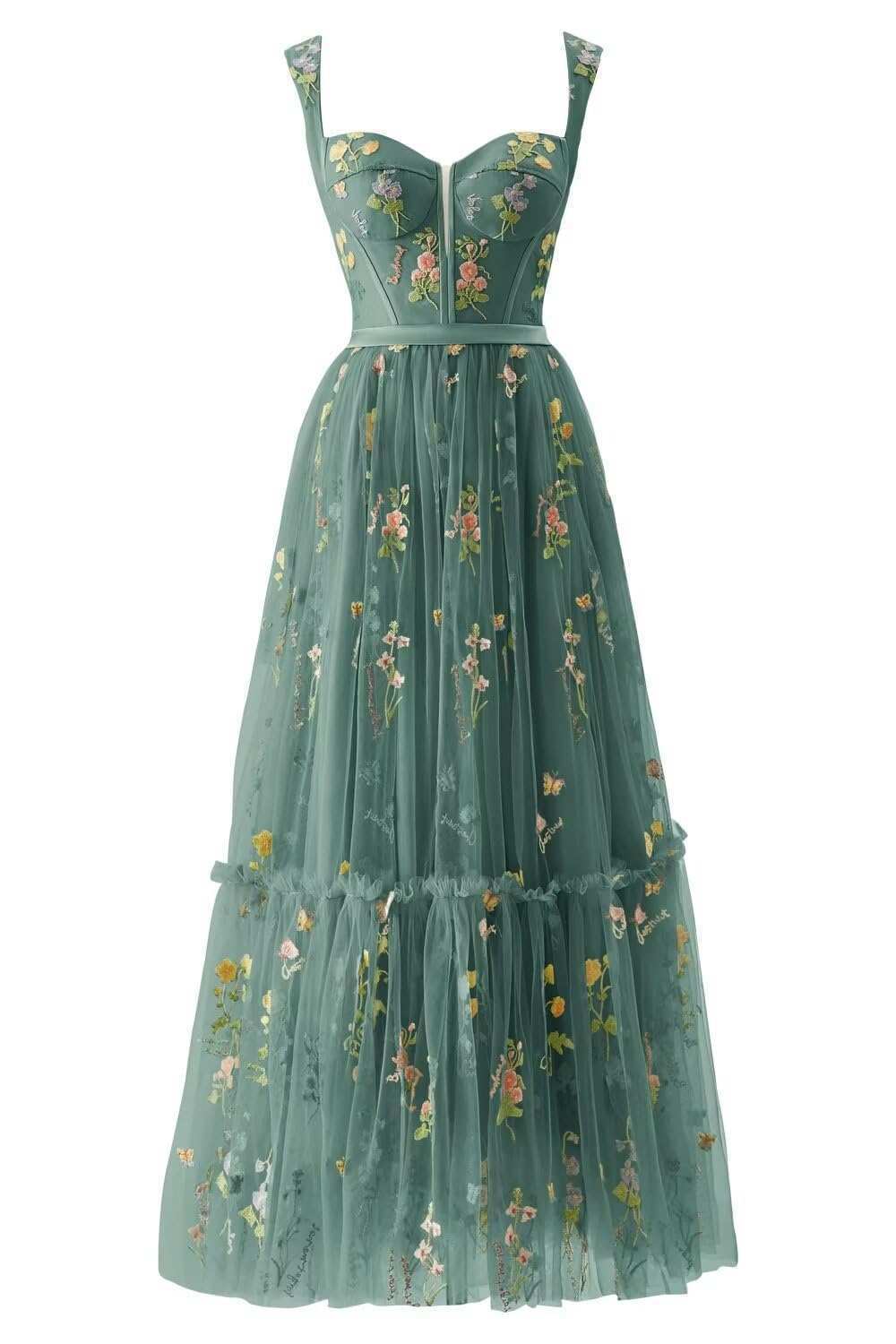 green Floral Boho Formal Gown Dress