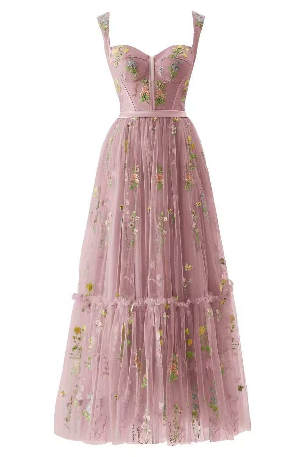 pink Floral Boho Formal Gown Dress