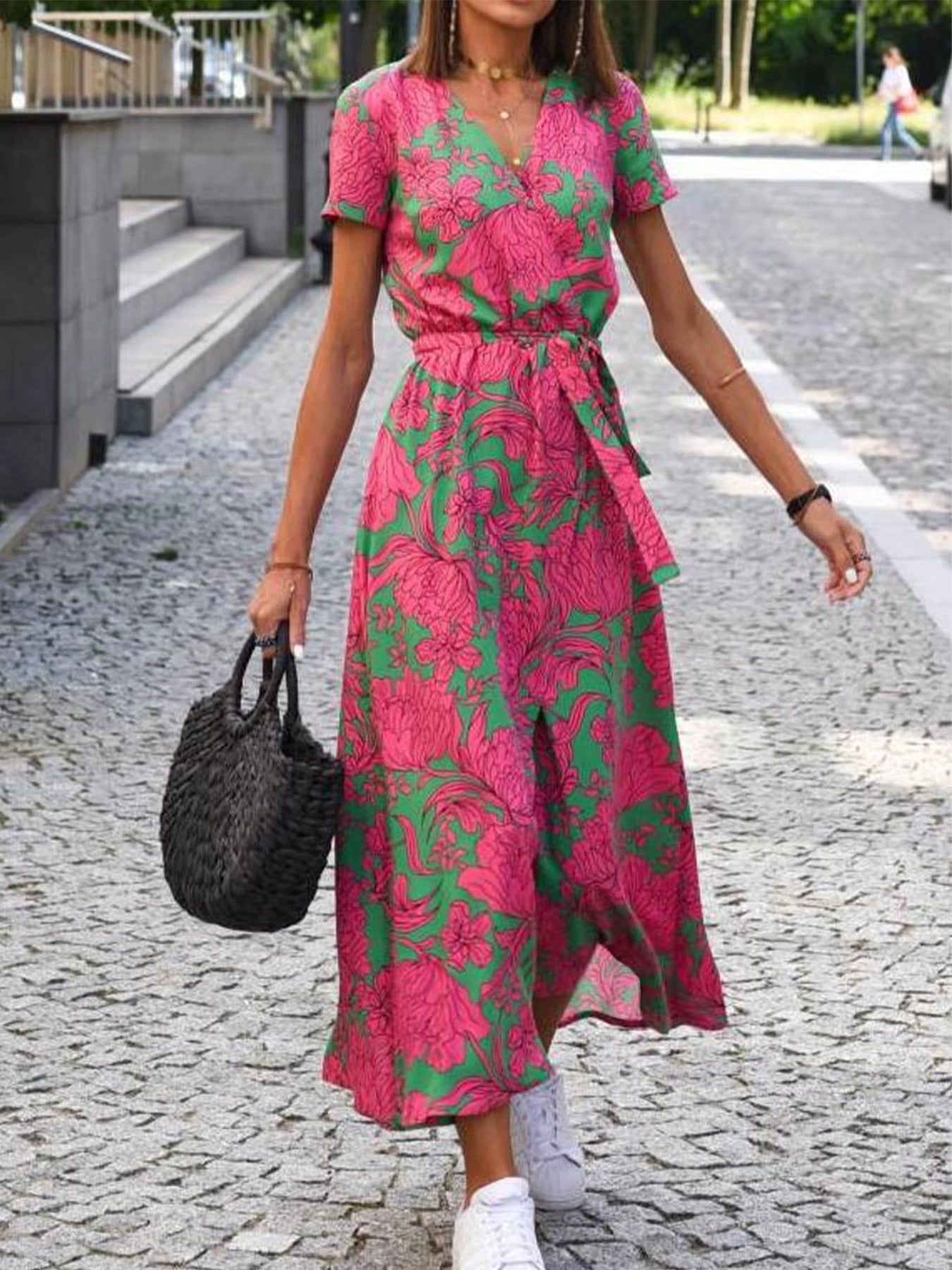 Floral Boho V-Neck Dress green pink
