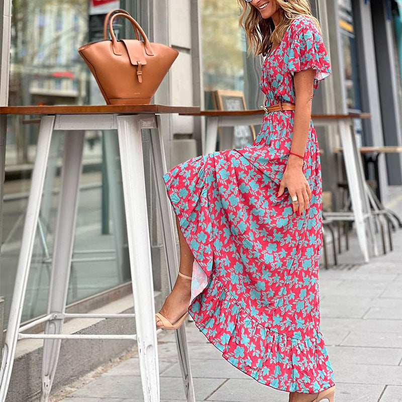 hot pink Floral Boho V-Neck Dress