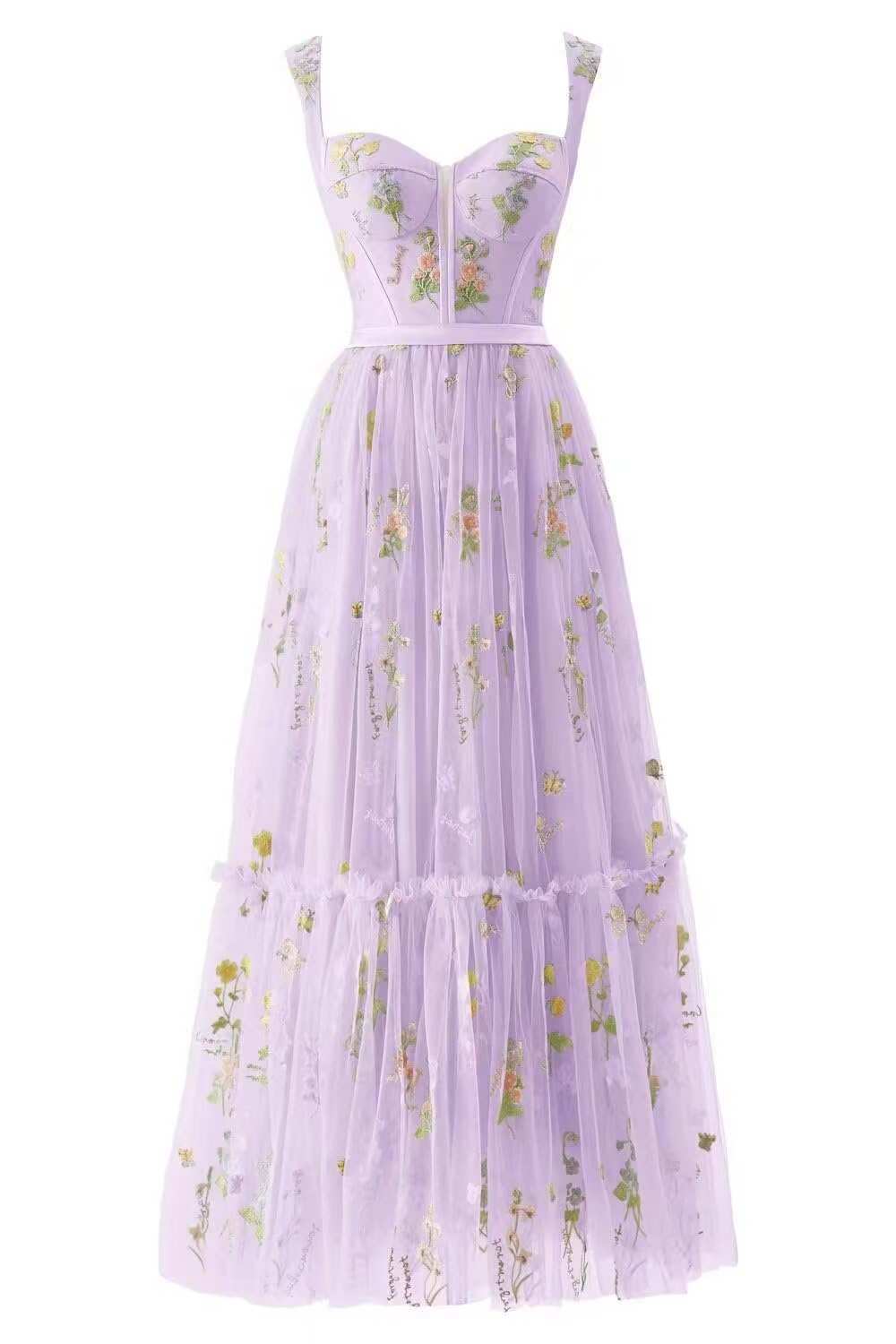 Lavender dress with floral patterns on a white background