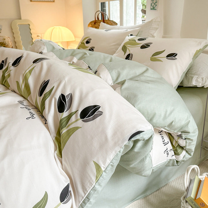 Floral Cotton Four Piece Bedding Set - Bed Sheet and Duvet Cover Set tulips
