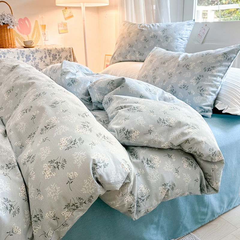 blue Floral Cotton Four Piece Bedding Set - Bed Sheet and Duvet Cover Set