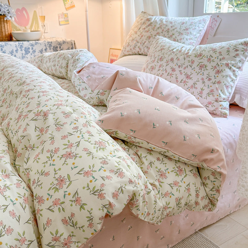 pink Floral Cotton Four Piece Bedding Set - Bed Sheet and Duvet Cover Set