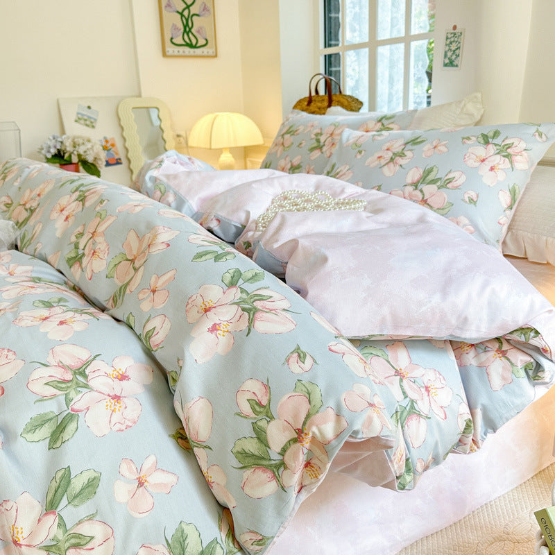 Floral Cotton Four Piece Bedding Set - Bed Sheet and Duvet Cover Sets