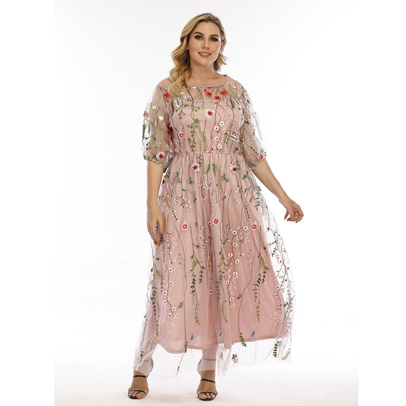Floral Embroidery Midi Plus Size Dress