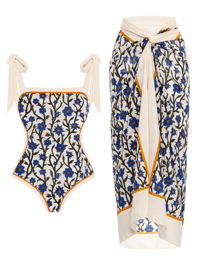 Floral Print One Piece Swimsuit with Sarong Bohemian Style