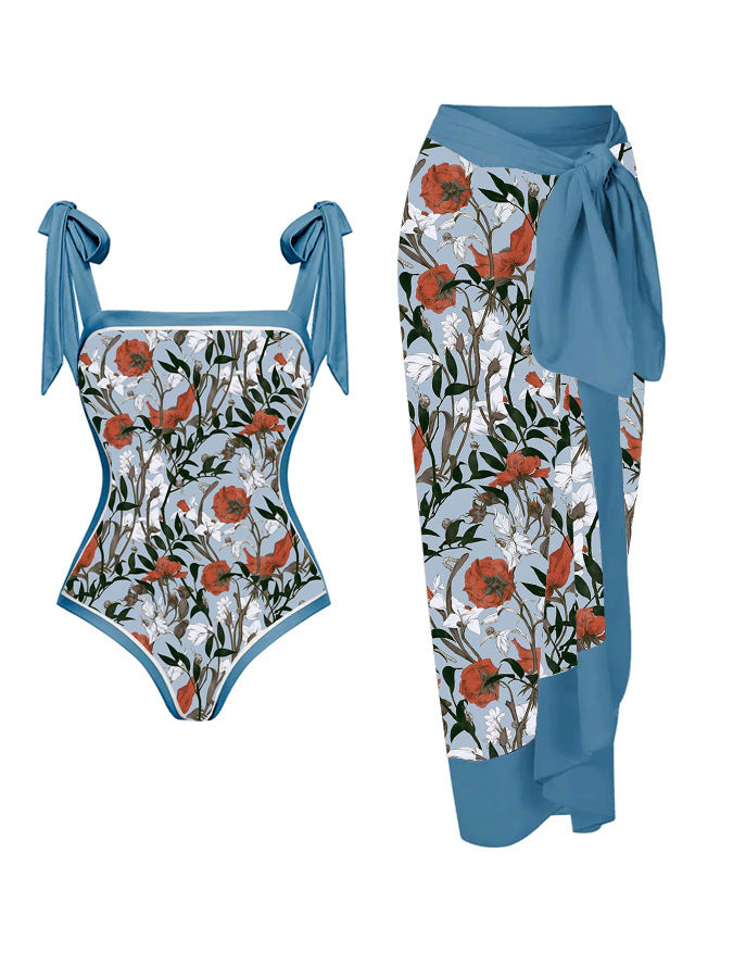 Floral Print One Piece Swimsuit with Sarong Bohemian Style
