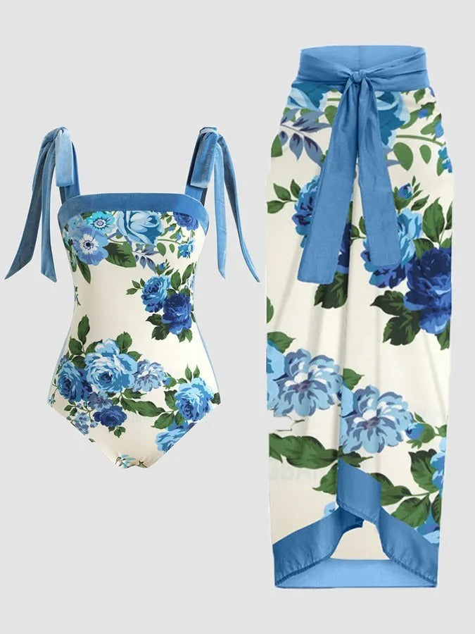Floral Print One Piece Swimsuit with Sarong Bohemian Style