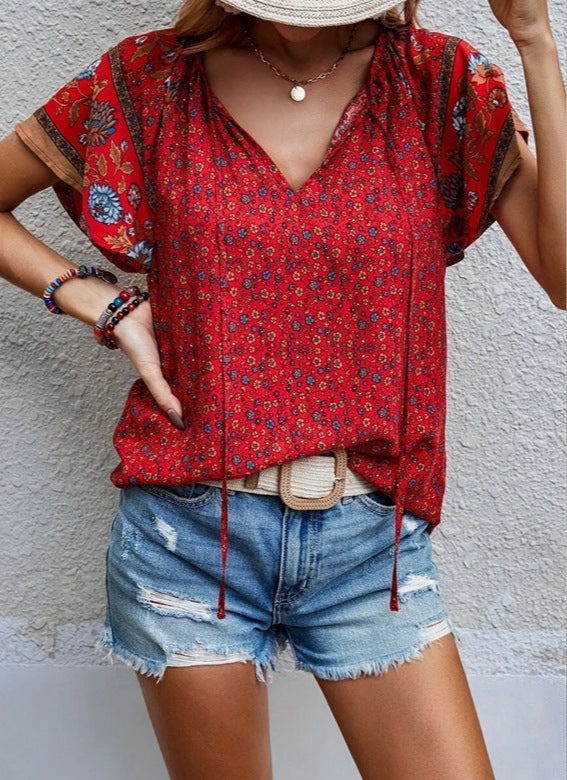 Floral Short Sleeve Loose Shirt Boho Style