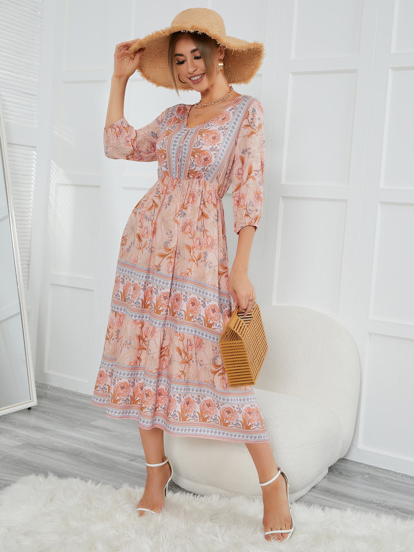 Floral Bohemian Maxi Dress V-Neck Three Quarter Sleeve beige