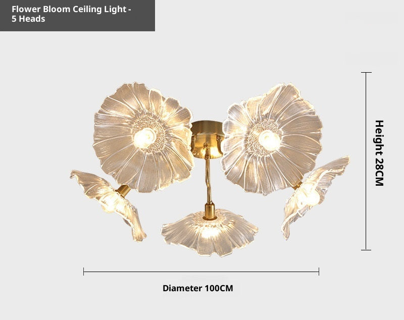 Flower Bloom Ceiling Light with dimensions and material details on a white background