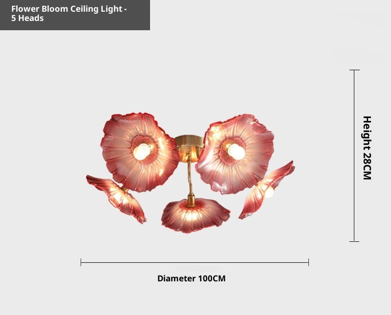 Flower Bloom Ceiling Light with dimensions and material details on a white background