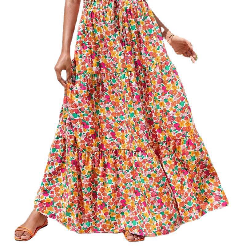 Maxi Flower Print Skirt in Pink and Yellow