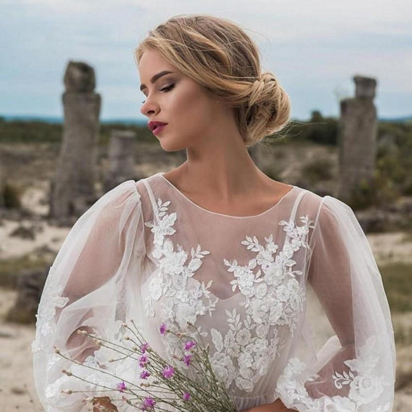 Flowy Embroidered Wedding Dress with Long Puff Sleeves