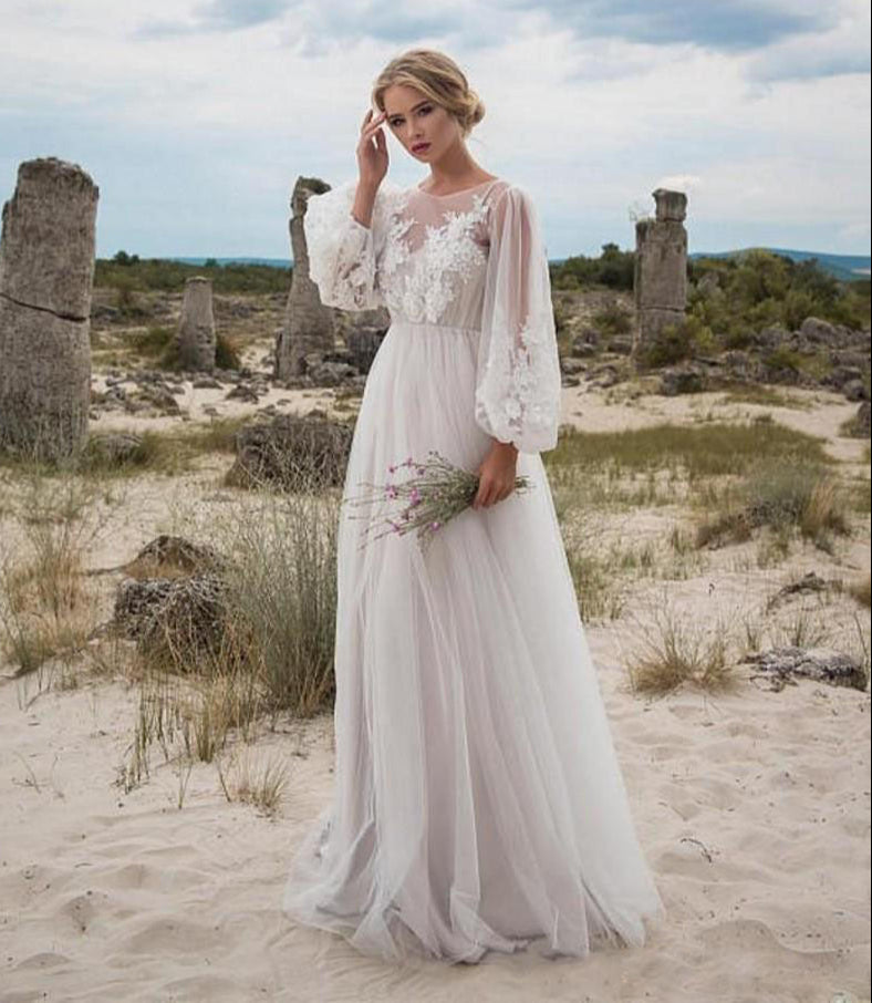 Flowy Embroidered Wedding Dress with Long Puff Sleeves