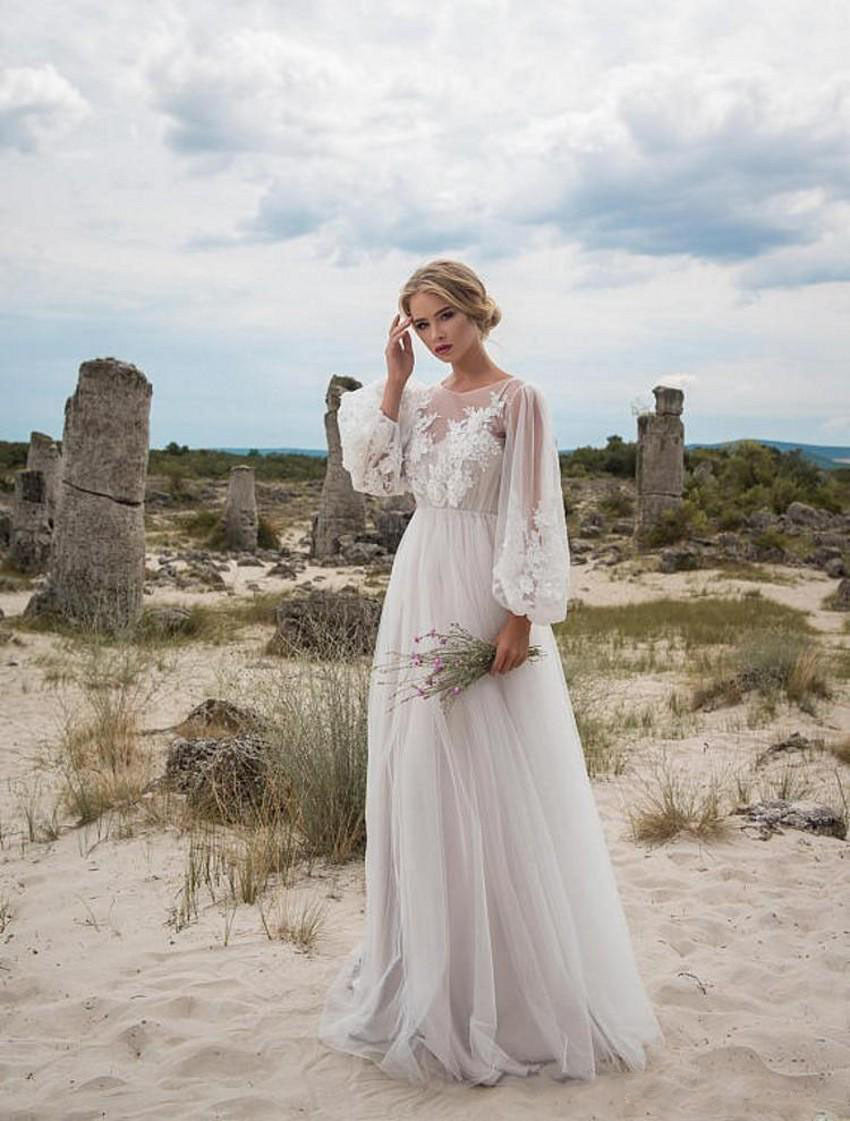 Flowy Embroidered Wedding Dress with Long Puff Sleeves
