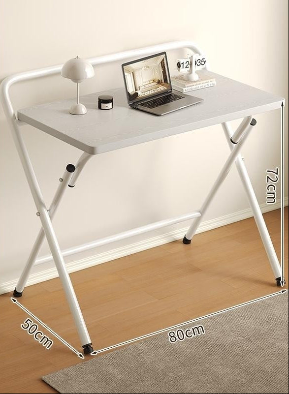White folding desk with dimensions and features listed on a brown sidebar