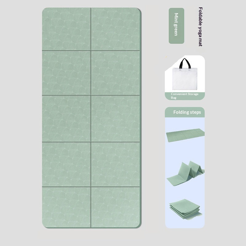 Foldable yoga mat with storage bag on a light gray background