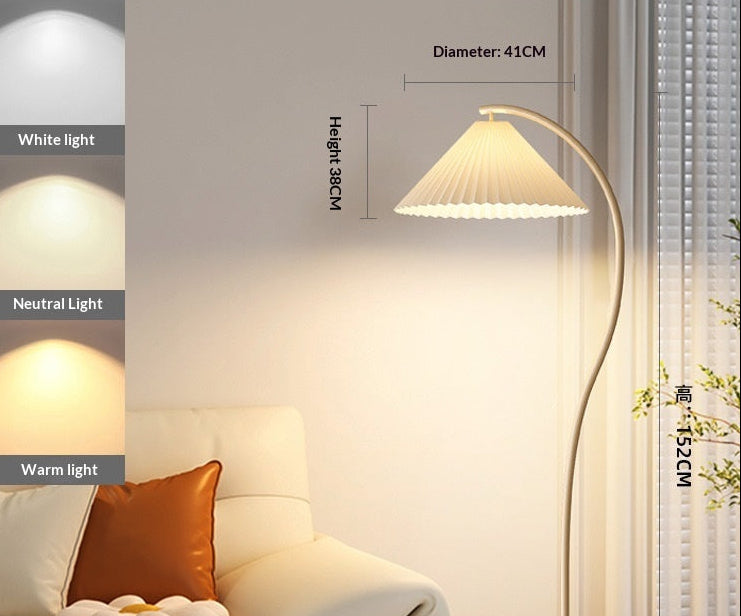 Floor lamp with light color options and dimensions in a living room setting