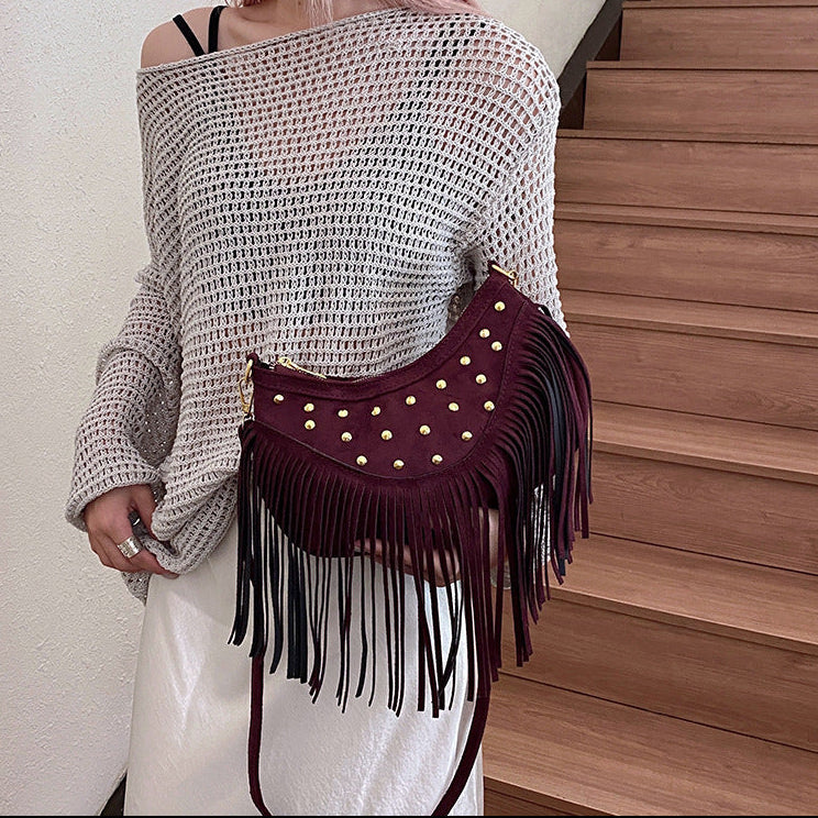 red Fringed Bohemian Hobo Bag for Women