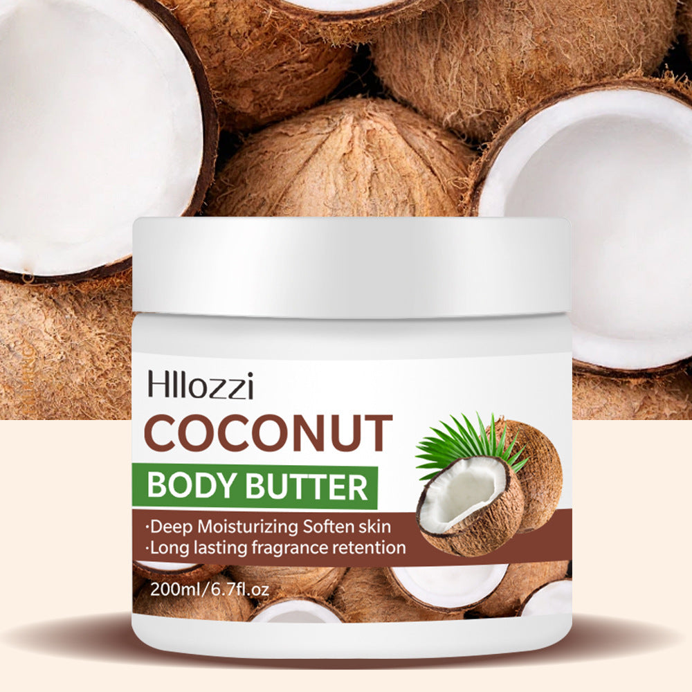 Hllozzi Coconut Body Butter jar with coconuts in the background