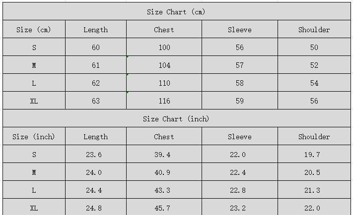 Size chart for clothing measurements in centimeters and inches.