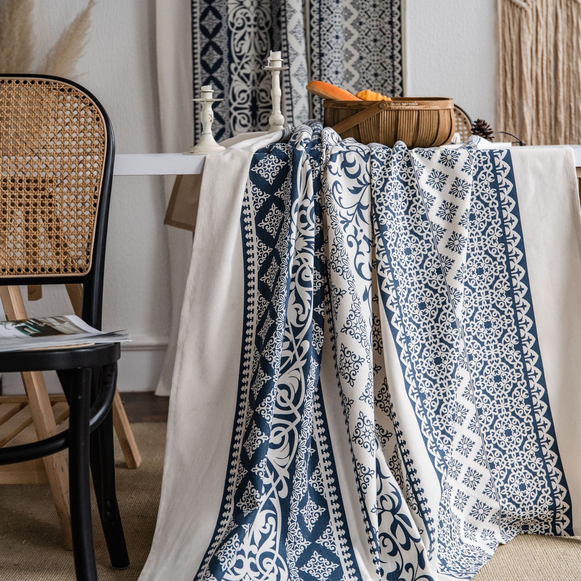 Geometric Curtains in White and Blue