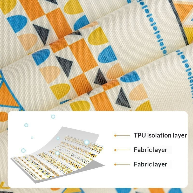 Colorful geometric patterned fabric with TPU isolation layer and fabric layers illustration.