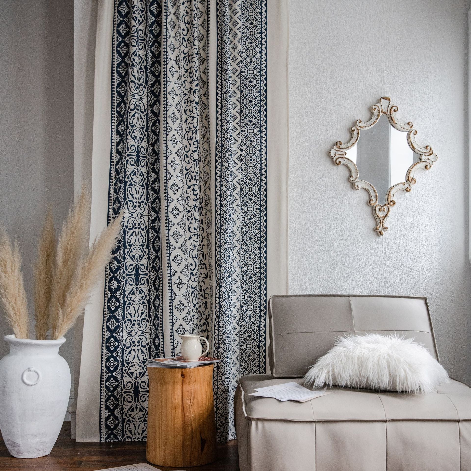 Geometric Patterned Curtains in White and Blue