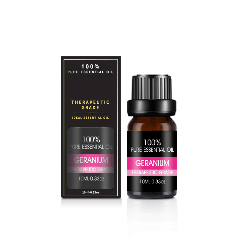 Geranium essential oil bottle and packaging on a white background