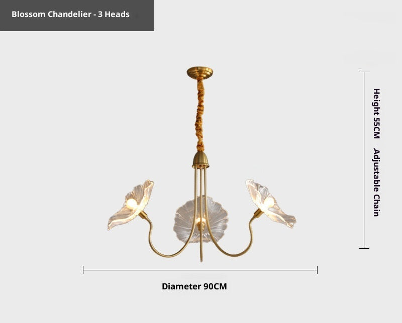 Blossom chandelier with dimensions and material details on a white background