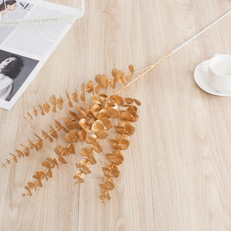 Dried eucalyptus branch on a wooden surface with a magazine and cup in the background