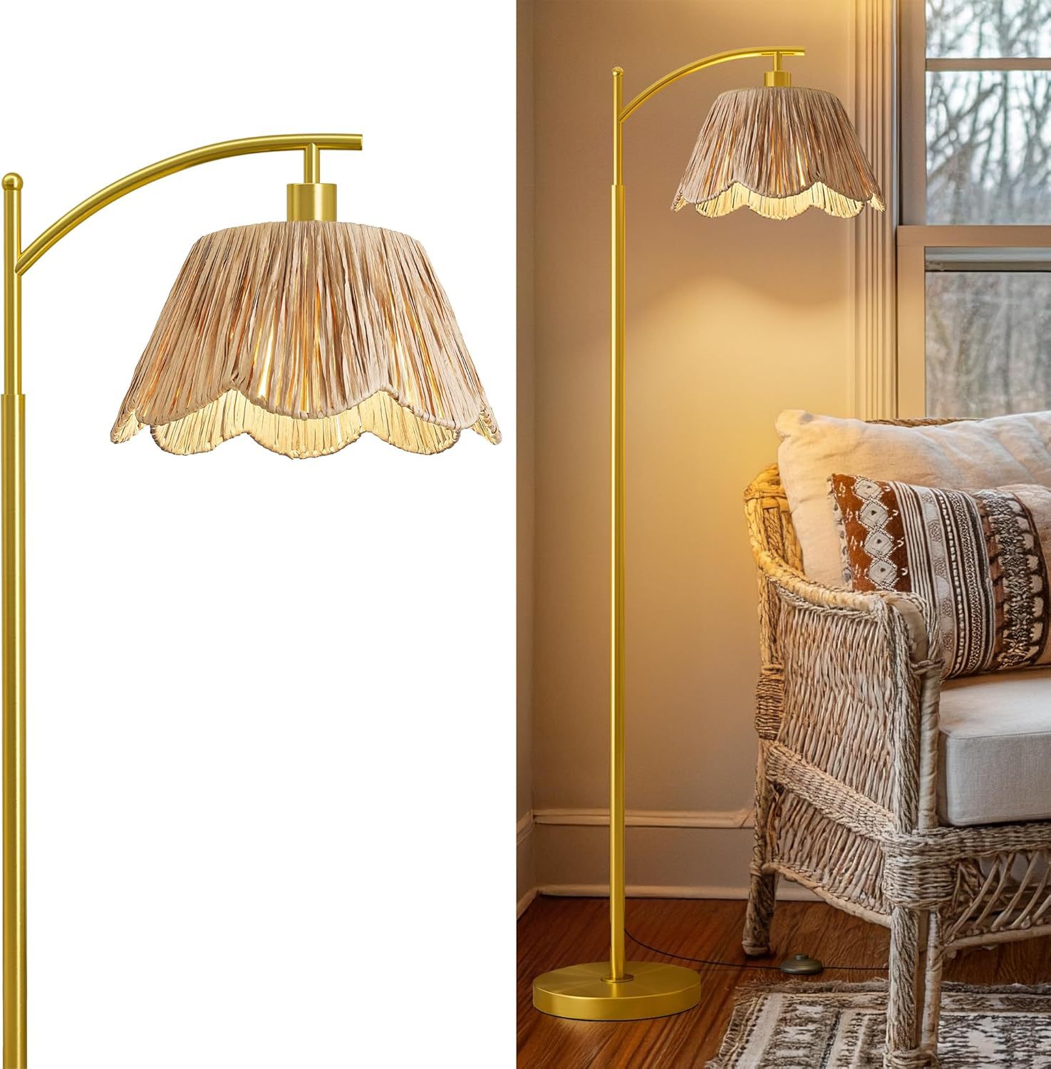 Gold floor lamp with wicker shade in a room with a couch and window.