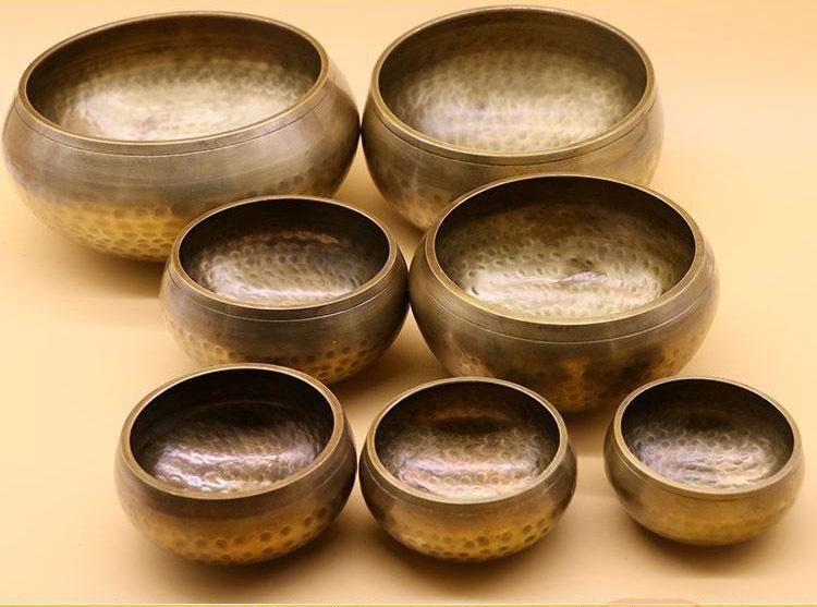Golden Tibetan Singing Bowls with Cushion Ring and Mallet