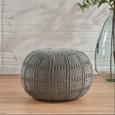 Gray Crocheted Round Pouf