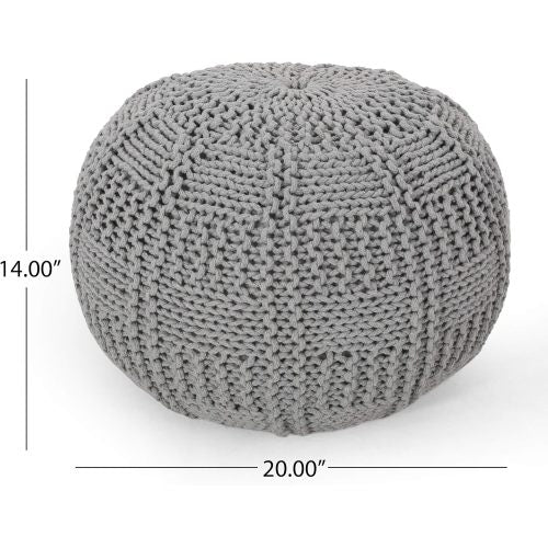 Gray knitted pouf with dimensions on a white background