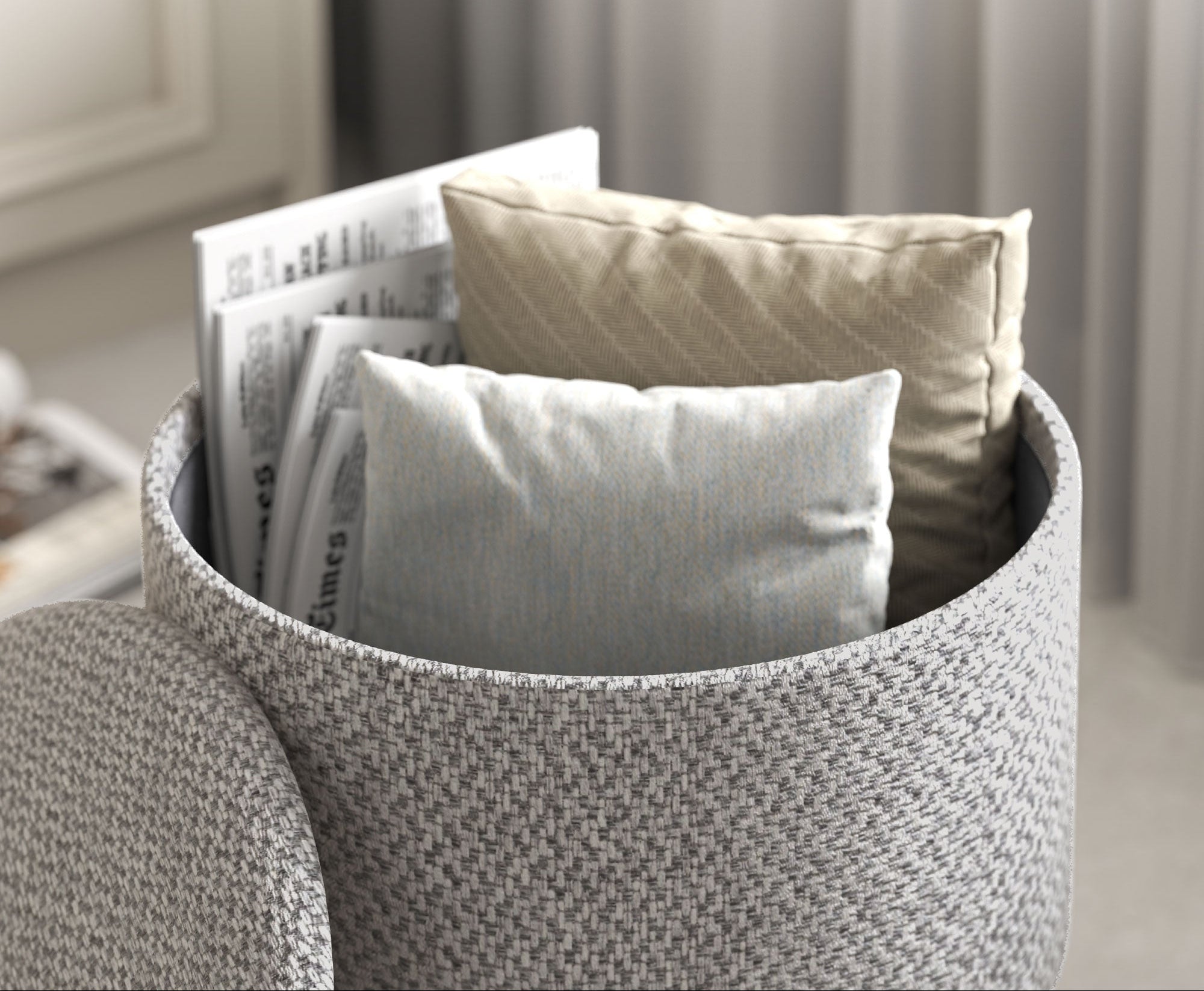 Round Gray Storage Ottoman with Wooden Legs