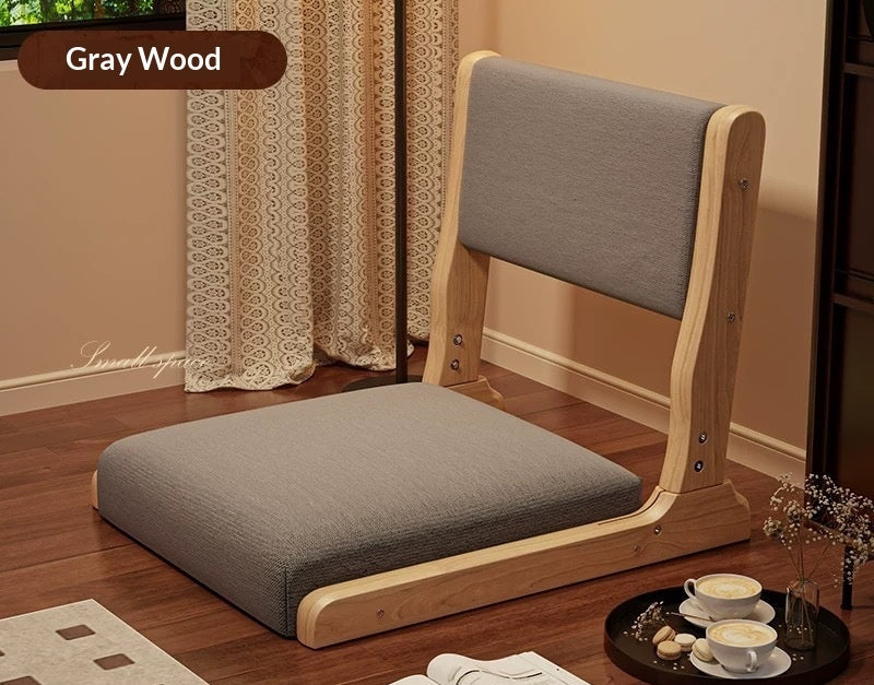 Gray wooden chair with cushion on a wooden floor, surrounded by small images showing product details.