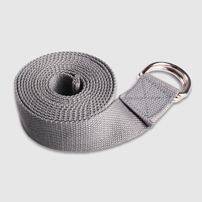 Gray yoga strap with a metal D-ring on a light gray background
