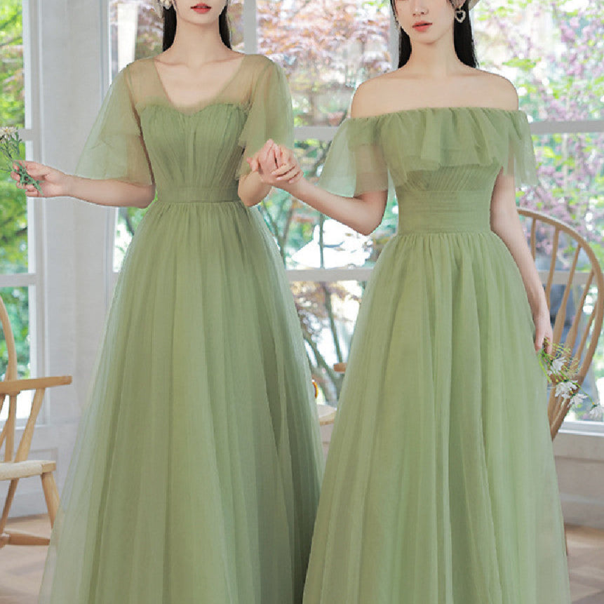 Green Boho Bridesmaid Dress with Tulle Fabric