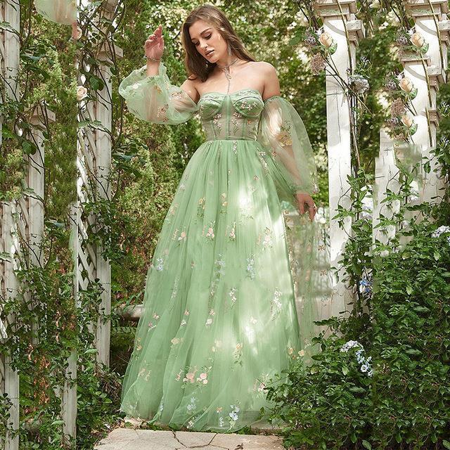 Green Boho Tulle Formal Gown with Floral Embroidery