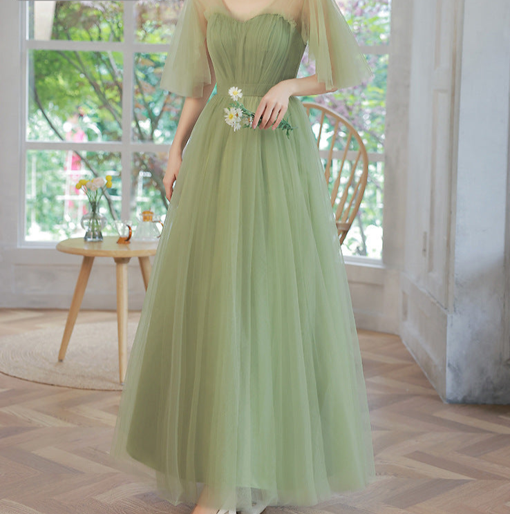 Green Boho Bridesmaid Dress with Tulle Fabric