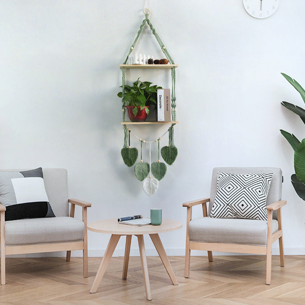 Green Boho Macrame Shelves Wall Hanging with Leaves