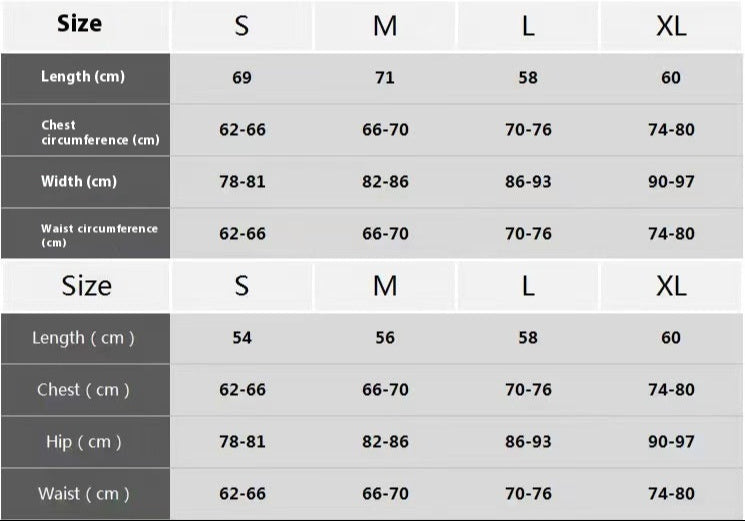 One-piece swimsuit size chart with measurements for different sizes.