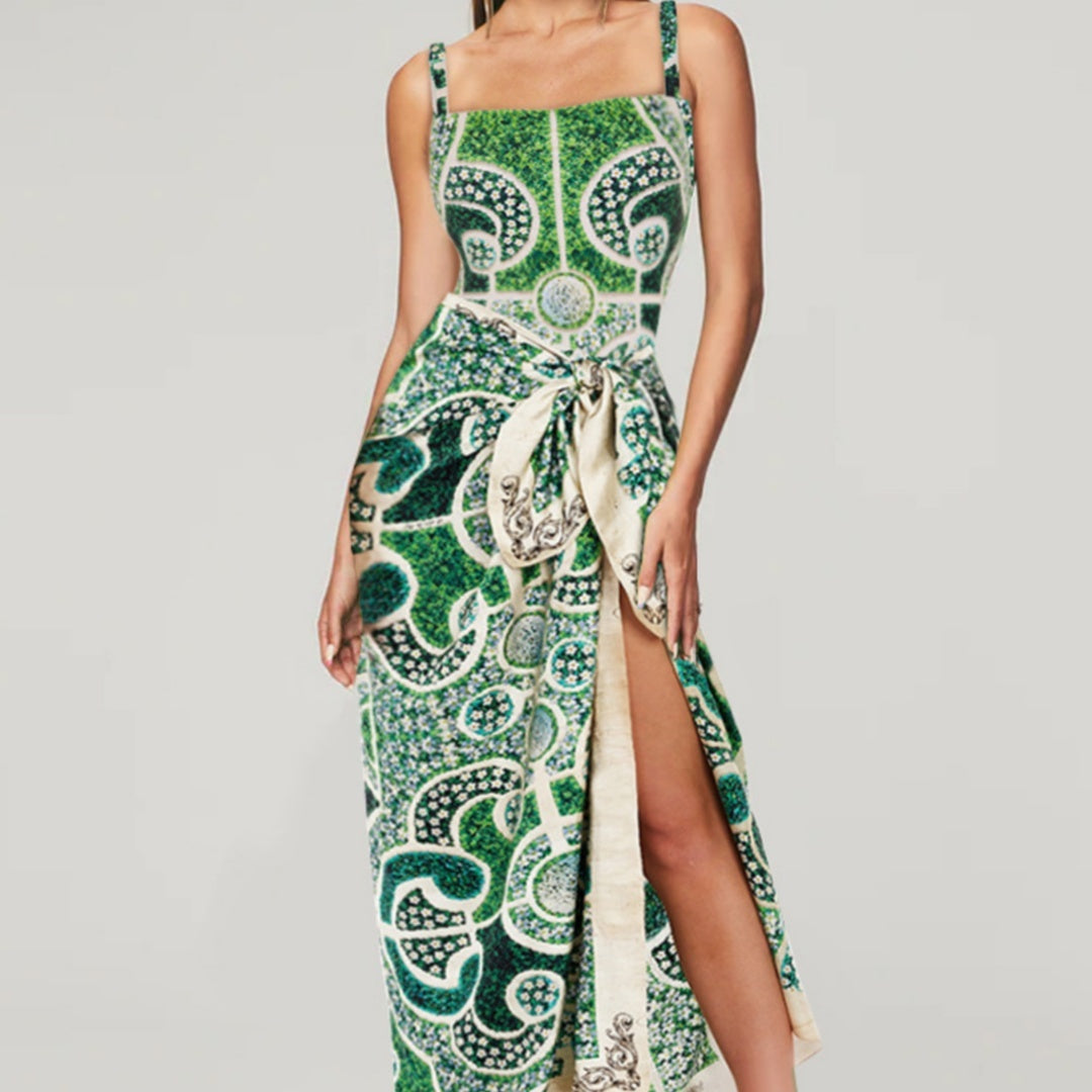 Green Print One Piece Swimsuit with Wrap Skirt Cover Up