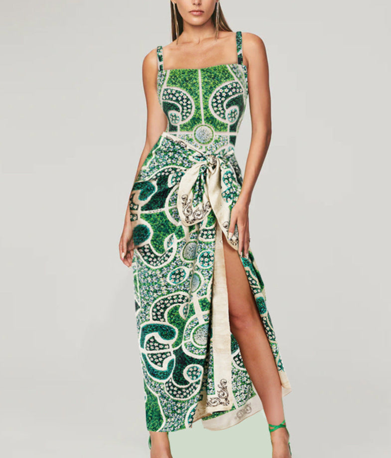 Green Print One Piece Swimsuit with Wrap Skirt Cover Ups