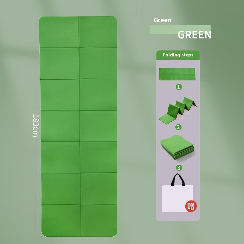 Green folding step mat with dimensions and folding instructions on a green background
